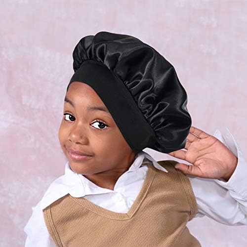 Kids Satin Bonnet Double Layer Wide Elastic Band Sleep Cap Hair Bonnet Silky Night Cap for Toddler Child