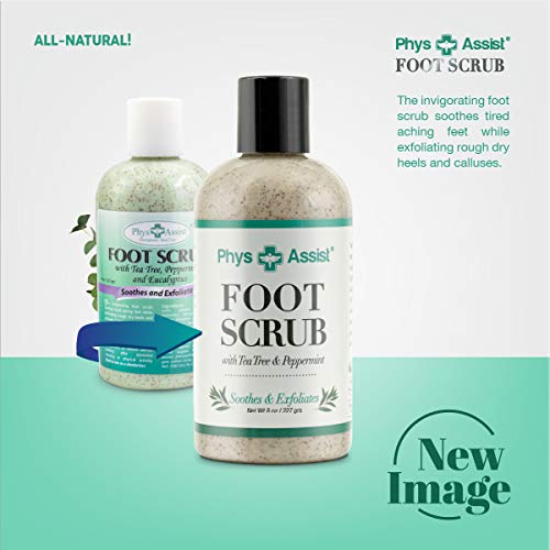 PhysAssist Foot Scrub 8 oz. with Tea Tree, Peppermint Soothes and Exfoliates Promoting a Deep Cooling Sensation Leaving Feet Feeling Calm and Refreshed.