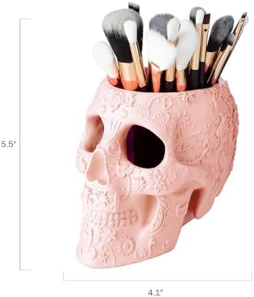 Skull Makeup Brush Holder, Pen Holder, Vanity, Desk, Office Organizer, Stationary, Decor Planter, Candy Bowl, Goth Decorations, Extra Large, Skulls Gothic Skull & Bones Organizer Bathroom (Cloud Pink)