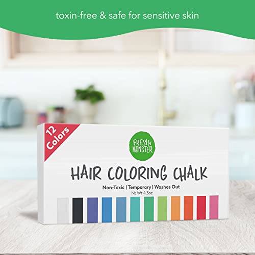 Fresh Monster Temporary Hair Coloring Chalk 12 Bright Colors Washes Out Easily Girls and Boys Non-Toxic and Safe for All Ages, Hair Colors and Textures Great Gift Idea