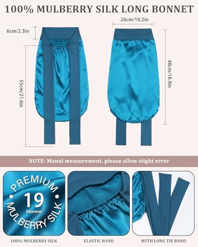 AWAYTR 100% Mulberry Silk Bonnet - Long Hair Cap for Sleeping Tie Band Bonnet for Braids Curly Hair