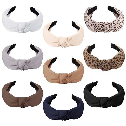 Funtopia Headbands for Women, 9pcs Fashion Knotted Headband Leopard Print Knot Hairband, Cute Wide Headbands for Women Girls Hair Accessories Set(Brown Black White)