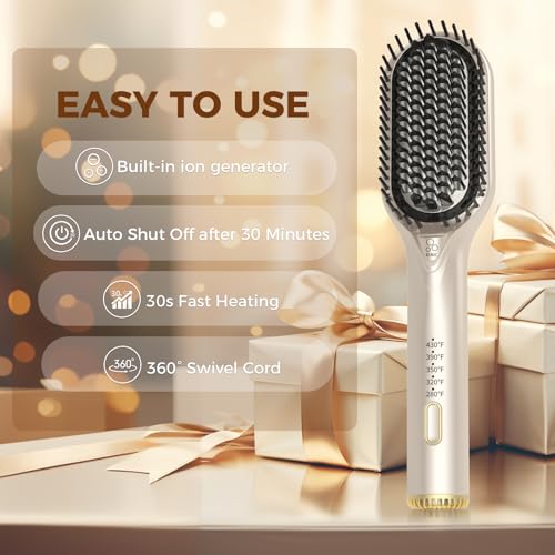 Ufree Hair Straightener Brush, 5 Temps Straightening Brush with Ionic Tech, Cool Air System, Dense Bristles, Dual Voltage, Ceramic Hot Comb for Thick Curly Hair, Women Gifts