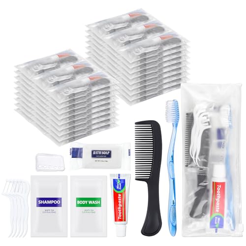 50 Sets Bulk Hygiene Kits for Homeless,Basic Toiletry Kit Homeless Supplies Bulk,Disposable Toothbrushes with Toothpaste and Comb Individually Wrapped,Bath Soap,Shampoo,Body Wash,Floss Pick