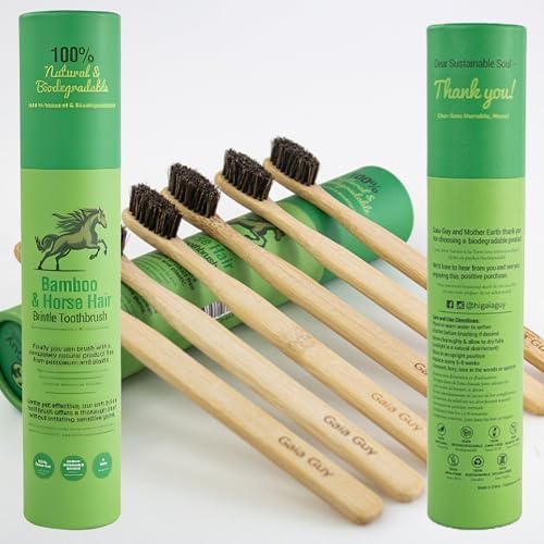 Gaia Guy Soft Natural Bristle Bamboo Toothbrush (NO Nylon - Horsehair ONLY) - Totally Compostable & Biodegradable Soft Horse Hair Bristle and Bamboo Toothbrushes - Zero Waste - 6-Pack