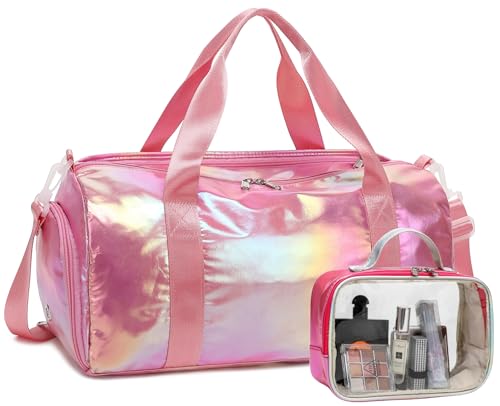 Gym Bag Sports Duffle Bag with Wet Pocket Weekender Overnight Bag with Waterproof Shoe Pouch and Air Hole for Women Girls Travel Foldable Bag (Metallic Purple)