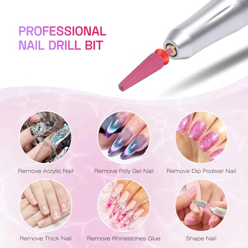 Depvko Super Long 5 in 1 Nail Drill Bits,Carbide Nail Drill Bit,3/32" Two Way Rotate Professional Drill Bit Nails,Nail Bits Fast Remove Acrylic or Hard Gel for Manicure,Pedicure,Nail Art (Fine-F, Red)