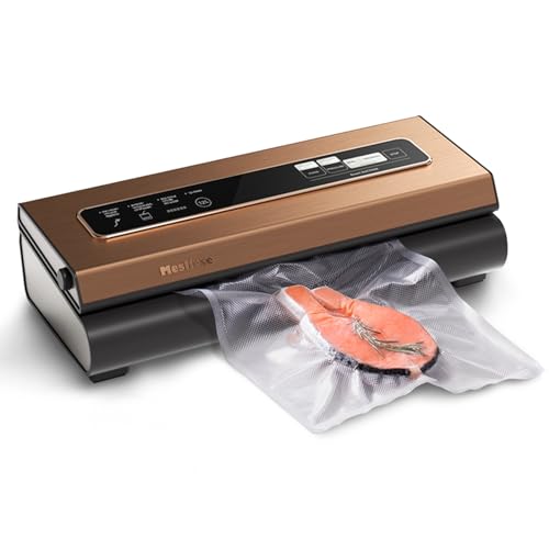Mesliese Vacuum Sealer Machine Powerful 90Kpa Precision 6-in-1 Compact Vacuum Food Preservation System Built-in Cutter, 2 Bag Rolls & 5 Pre-cut Bags, Dry&Moist Modes Smart Suction, ETL Listed (Copper)
