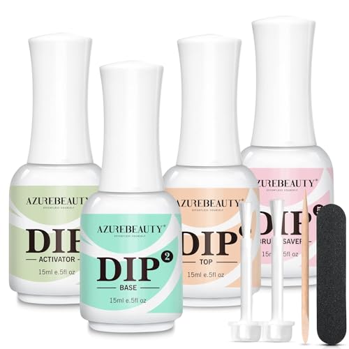 AZUREBEAUTY 4+4pc Dip Powder Liquid Set, 15ml/0.5oz, with Base/Top Coat, Activator, Brush Saver, Nail File– Fast Drying Formula, No UV Light Needed 