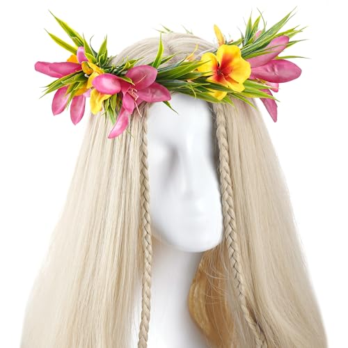 Hawaiian Leis Flower Crown - Artificial Tropical Flower Headpiece Hawaii Floral Headband with Ribbon Lei Luau Dress Up Hair Accessories for Luau Party Costume Beach Pool Vacation Decorations