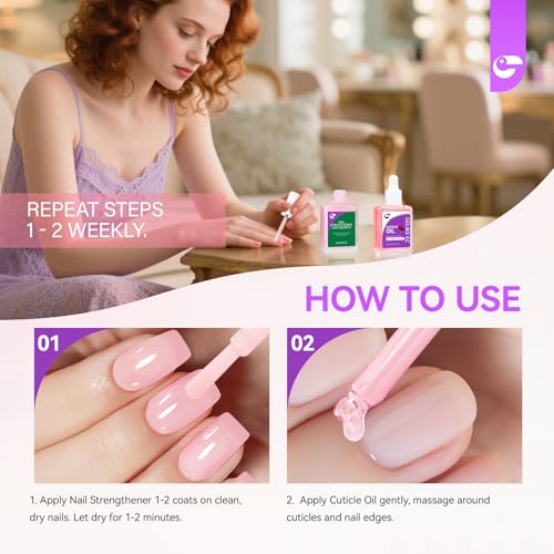 Gelike EC Colorful Nail Growth Kit: Pink Nail Hardener & Rose Nail Growth Oil Set - Strengthen Brittle Nails with Floral Scent - Natural Acrylic Formula - Gift for Women Brides