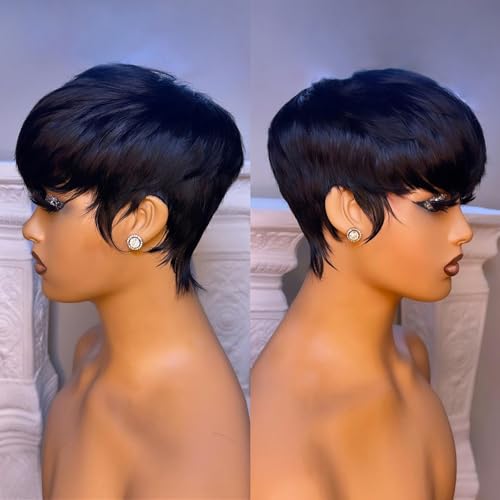 Short Bob Wig Human Hair for Black Women Pixie Cut wigs Human Hair Glueless Wig None Lace Front Wig with Bangs Natural Black Straight Full Machine Made Short Layered for daily use 1B