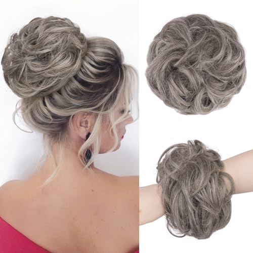 FESHFEN Messy Bun Hair Piece - Large Wavy Curly Elastic Hair Bun Scrunchies Ponytail Extensions Synthetic Chignon Hairpieces for Women, Salt and Pepper 1.94oz