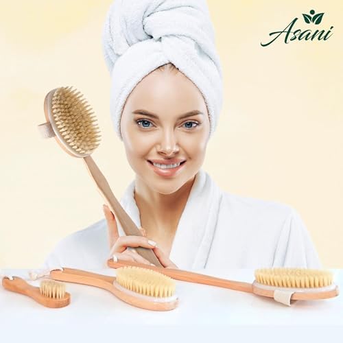 Asani Dry Brushing Body Brush Set for Lymphatic Drainage & Cellulite - 3-Pcs Detachable Back, Contour Body & Face Brushes Organic Gift for Dry Skin, Exfoliation, Invigorating Showers