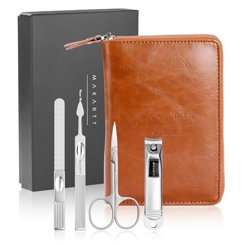 Makartt Manicure Kit: Professional Nail Care Clippers Set - 11 pcs Stainless Steel Tavel Women Men Fingernail Grooming Tool with Portable Brown Leather Case