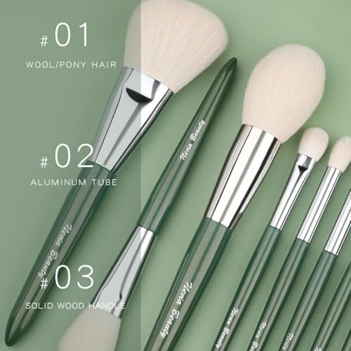 Natural Real Goat Hair Makeup Brushes Set Labeled 9 Piece Face and Eye Brush Set Ultra soft hair Foundation, Concealer, Blush, Contour, Blending, Eyeshadow Kabuki travel makeup brush set (green)