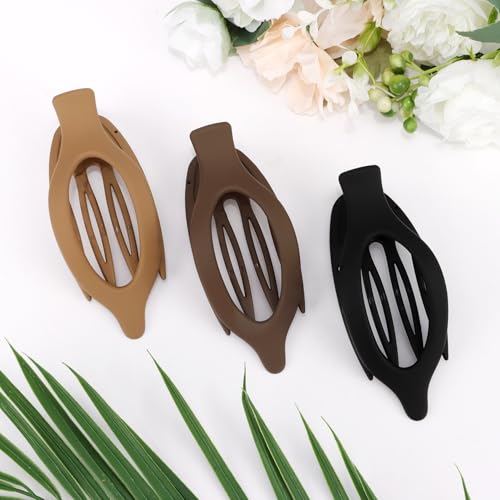 Flat Hair Clips for Women - 3Pcs French Concord Large Claw Clips for Thin Thick Hair - Matte Neutral Jaw Clamps Accessories in Brown Black