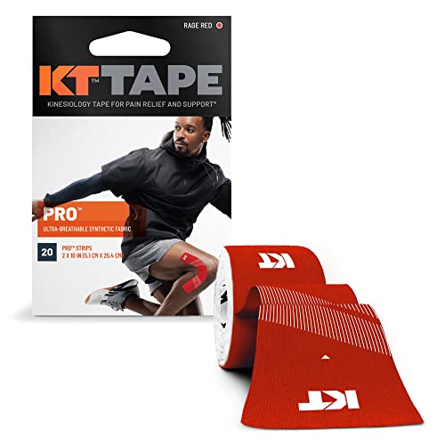 KT Tape, Pro Synthetic Kinesiology Athletic Tape, 20 Count, 10” Precut Strips, Rage Red