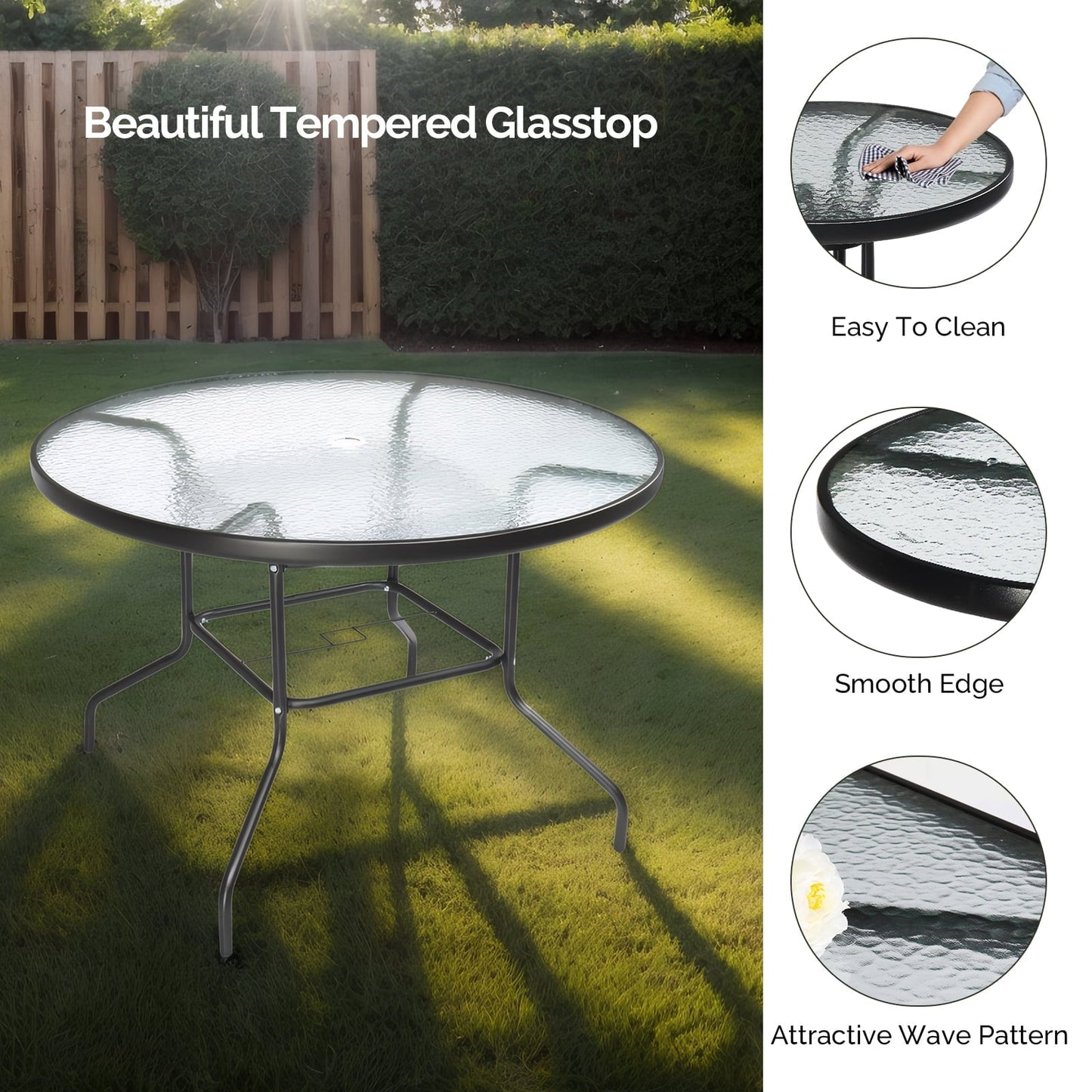 Zimtown 41.3 In Outdoor Glass Table, Patio Round Table, Dining Table with Tempered Glass Tabletop for Indoor, Steel Frame for Yard Lawn Porch Balcony