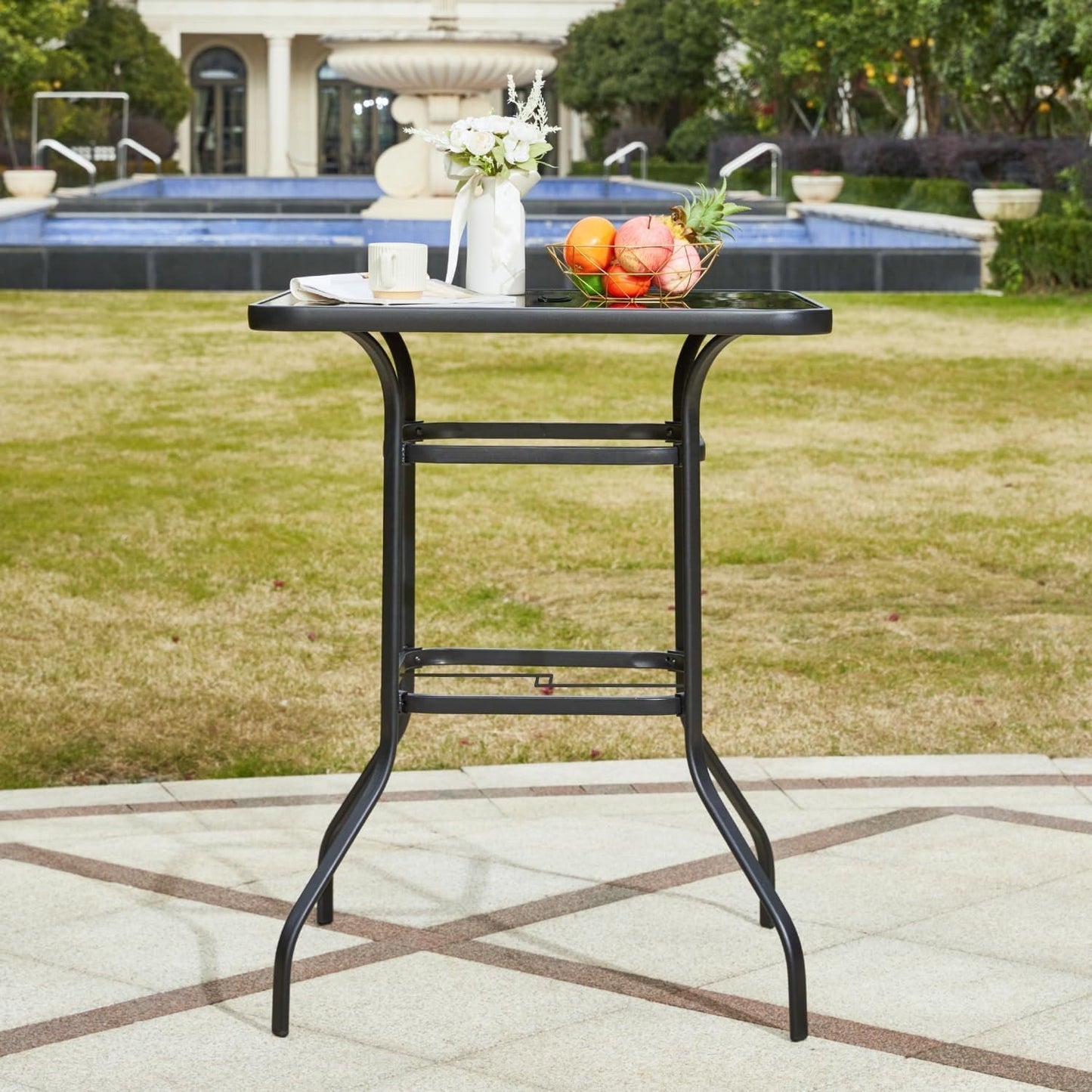 MELLCOM 32'' Outdoor Bar Table, Metal Outdoor Table with 1.57'' Umbrella Hole, High Top Patio Bar with Tempered Glass for Balcony, Backyard, Poolside, Garden, Black