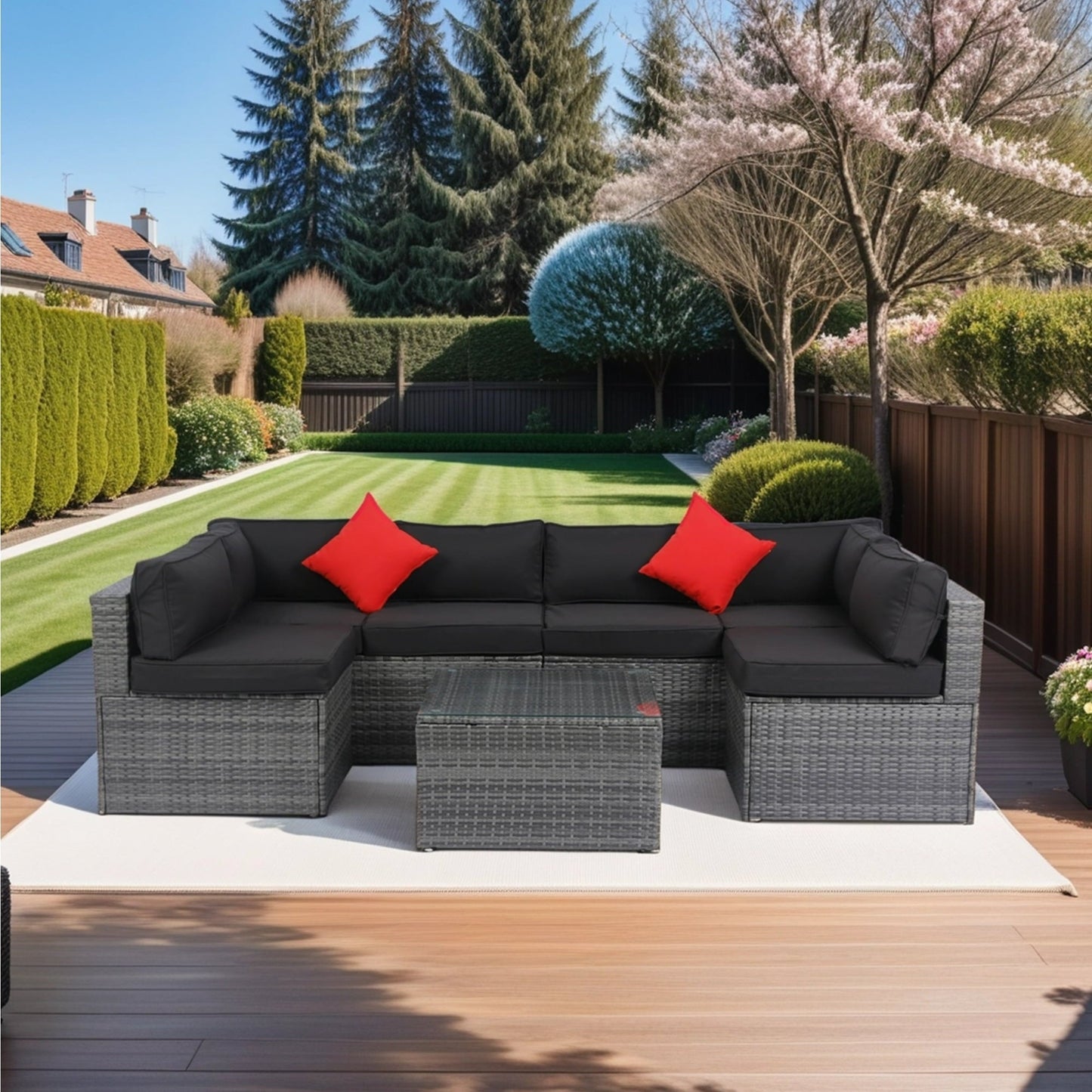 Olurrisa 5 Pieces PE Rattan sectional Outdoor Furniture Cushioned U Sofa set with 2 Pillow Grey wicker + Black Cushion