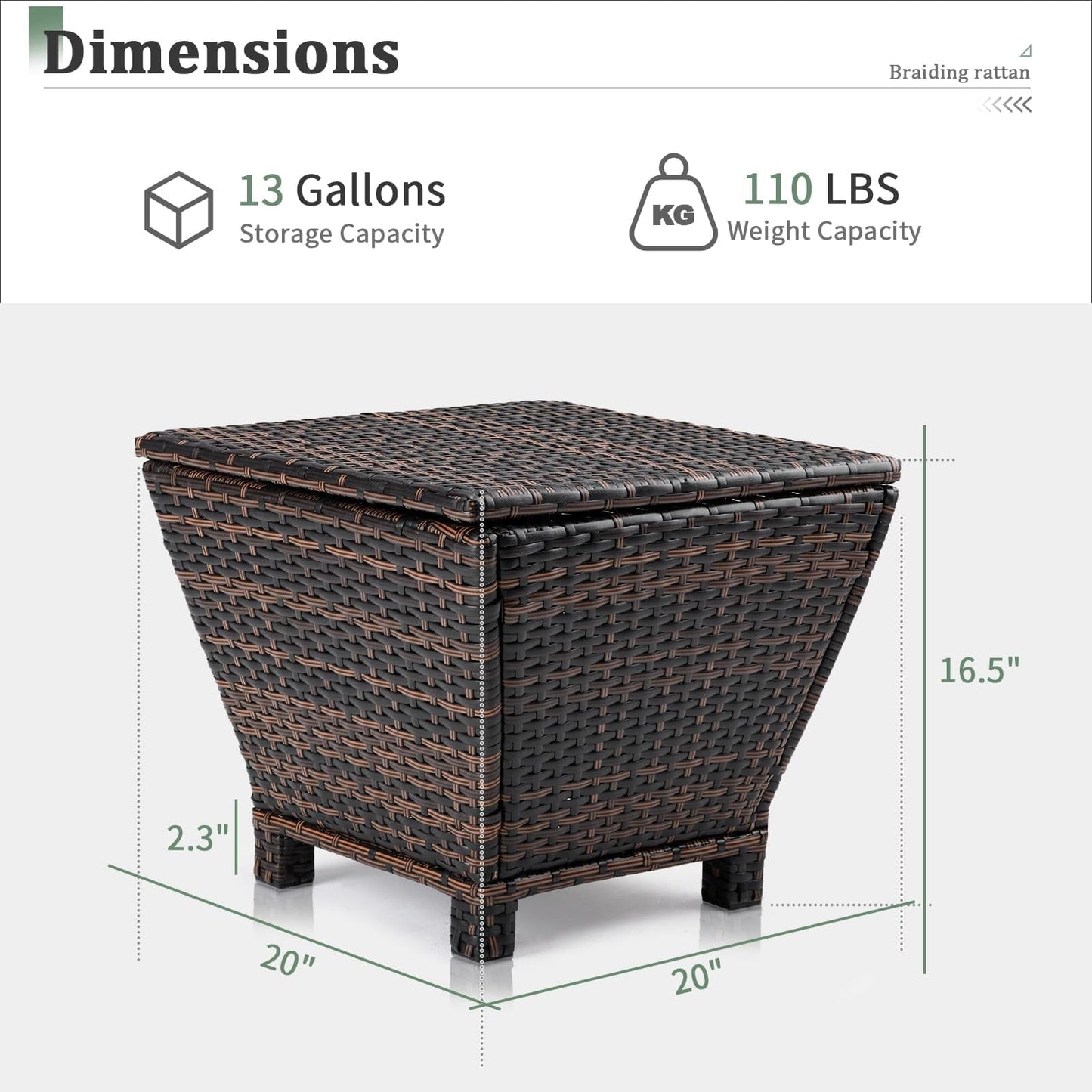 Outdoor Storage Box 13 Gallon, Wicker Deck Box with Lid, Small Bin for Garden Porch, Rattan Coffee Table and Seat, Brown