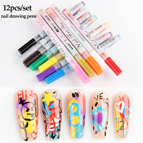 Nail Art Graffiti Pen Set 12Pcs Waterproof Painting Marker Pen Black White Drawing Gel Liners Quick Dry Dotting Pen Nails Professional Material For Manicure