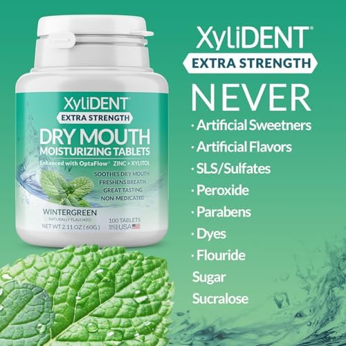 Extra Strength Xylitol Tablets for Dry Mouth Relief - Stimulates Saliva, Freshens Breath, Reduces Acid Production, Fast Acting Relief, 100 Count (Wintergreen)