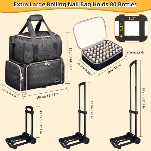 Rolling Nail Polish Organizer Bag Holds 80 Bottles (15ml/0.5fl.Oz)& Nail Lamp, PU Leather Nail Supplies Organizer Case with Detachable Trolley, Extra Large Nail Kit Storage with Wheels (Black)