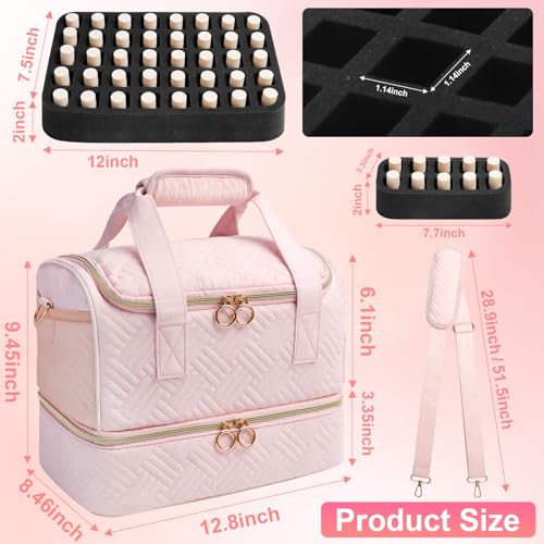 Nail Polish Organizer Bag Holds 50 Bottles (15ml/0.5fl.oz)& Nail Lamp, Soft Velvet Nail Kit Storage Carrying Case with Shoulder Strap, Double Layer Nail Supplies Organizer Handbag Women (Pink)