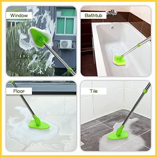 Scrub Cleaning Brush with Long Handle 2 in 1 Extendable Bathroom Floor Brushes with 2 Stiff Bristles and 4 Sponge with Long Handle Detachable Tile Lightweight Cleaner for Bathtub Shower