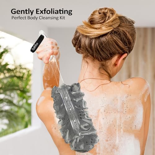 Loofah Sponge Exfoliating Body Scrubber: 4PCS Extra Large 80g Shower Loofahs Poufs, 1PCS Long Handle Loofa Back Scrubber, 1PCS Luffa Hook, Charcoal Loofah Pack for Women Men Bath Wash, Black