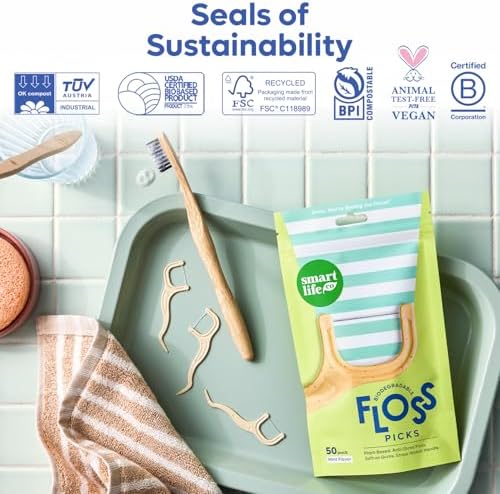 SmartLifeco Biodegradable* Dental Floss Picks - Thin Thread Tooth Flossers for Adults & Kids, Eco-Friendly Handle, Straw Wheat Toothpick Soft on Gum & Teeth, Compostable* Zero Waste Vegan, 200 Mint