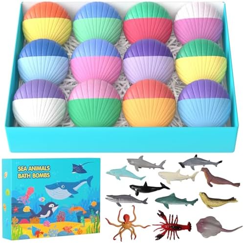 Kids Bath Bombs with Surprise Toys Inside, 12 Pack Shell Organic Bath Bombs for Kids with Ocean Sea Animals for Girls Boys Toddlers, Marine Shark Bath Bomb Gift for Easter Birthday Bubble Bath