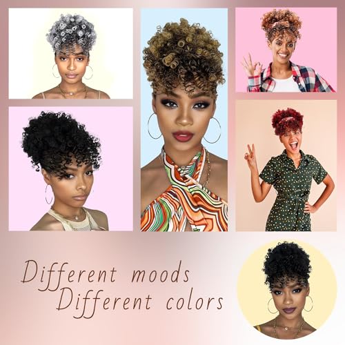 Drawstring Ponytail for Black Women, Afro Puff Kinky Curly Hair Ponytail Extension with Bangs Black Updo Natural Hair Ponytail (1B Natural Black)