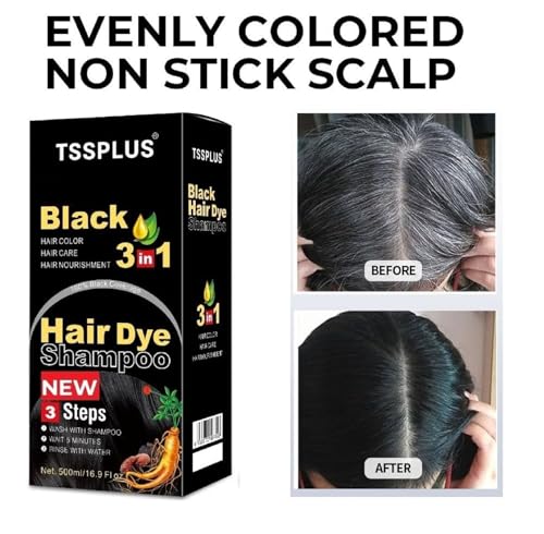 TSSPLUS Black Hair Dye Shampoo, 500ml - Organic Natural Hair Color Dye Shampoo for Women & Men, Instant Gray White Hair Cover, Plant Essence, Semi-Permanent