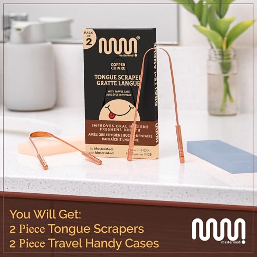MasterMedi Tongue Scraper with Case Easy to Use Tongue Scraper for Adults, Tongue Cleaner for Oral Care & Hygiene (Copper Set of 2 (with Travel Case))