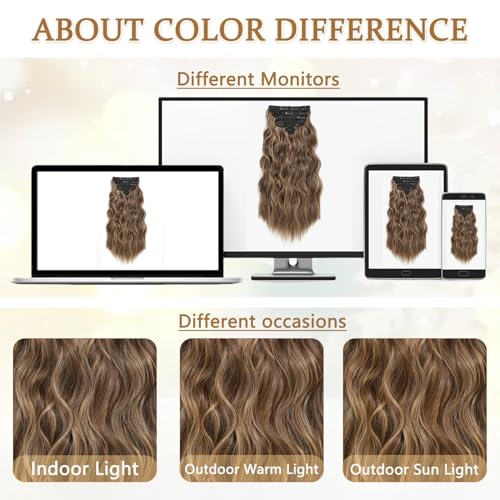 Clip in Hair Extensions for Women, 6PCS Long Wavy Curly Clip on Hair Extensions 20 Inch Honey Blonde Mixed Light Brown Synthetic Hairpieces