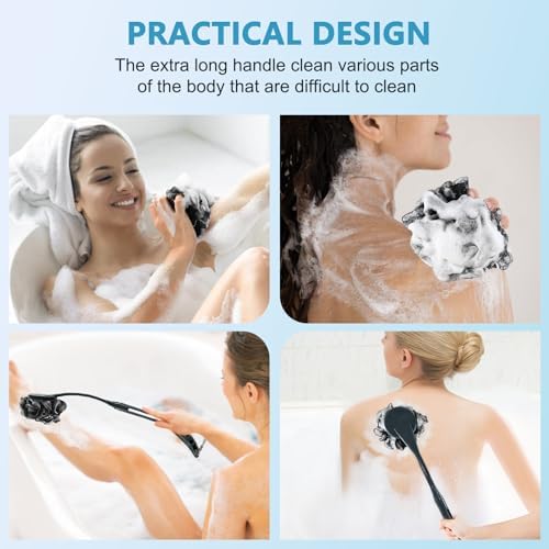 Loofah with Handle, 20.5'' Replaceable Shower Loofah to Improve Skin Health, Body Scrubber, for Women and Men with String for Easy Hanging(Dark Black)