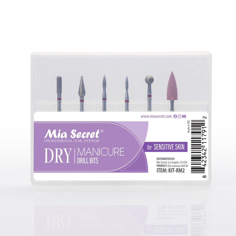 6 pcs Dry Manicure Drill Bits Set, Mia Secret DIY home and Salon nail bits for Sensitive Skin MADE IN USA