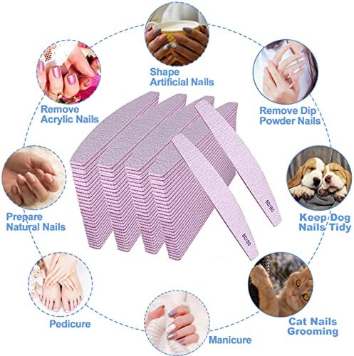 Nail Files 80/80 Grit (100 Pack), Emery Boards for Acrylic Nails and Gel Nails, Coarse Nail File 80 Grits Double Sided Emory Board Professional Nail Filers Reusable Washable Manicure Curved Gray Bulk