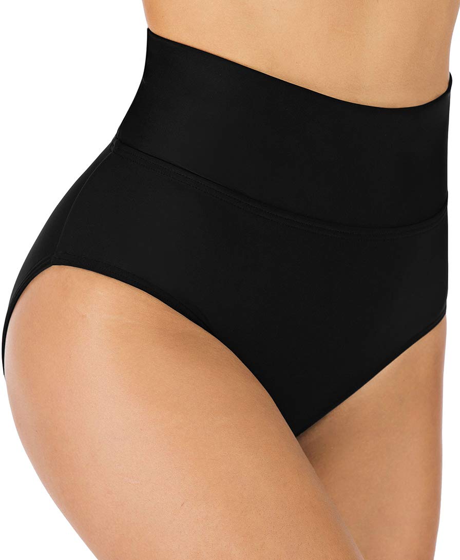 Micosuza Women's High Waisted Bikini Bottoms Shape Control Fold Swim Brief Tankini Bottoms Black