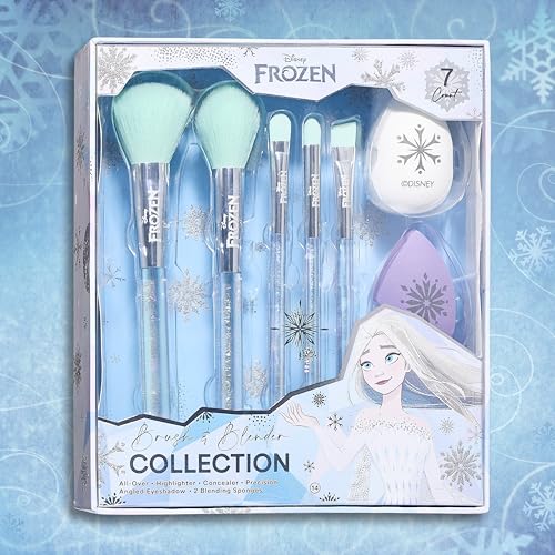 Disney Frozen 7PC Premium Makeup Brush & Blender Set, All-over, Highlighter, Concealer, and Eyeshadow Brush, 2 Beauty Blender Sponges for women and girls by Belle Maison