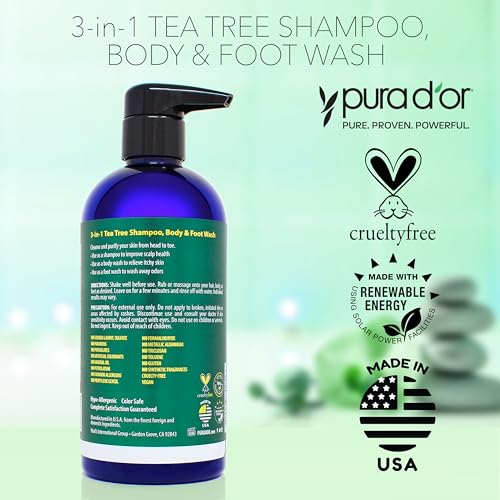 PURA D'OR 16 Oz 3-in-1 Tea Tree Shampoo, Body & Foot Wash, Shampoo - Total Body Care - Foot Odor & Daily Hygiene, Cleansing Routine, Post-Workout Refreshment - Soothes, Invigorates, Nourishes