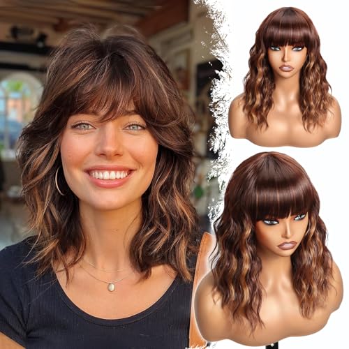 Short Wavy Bob Wig with Bangs Caramel Reddish Brown Curly Hair Wigs for Women Realistic Shoulder Length Style Synthetic Heat Resistant Wig for Everyday Hairstyle 16 Inch