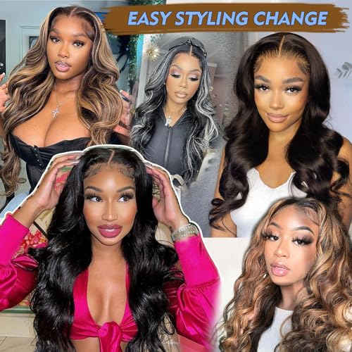 Long V Part Body Wavy Wig With Black With Highlight Brown Upgrade U Part Synthetic Water Wavy Wigs for Black Women Full Head Clip In Hair Glueless Synthetic Wigs (Black Mix Brown)