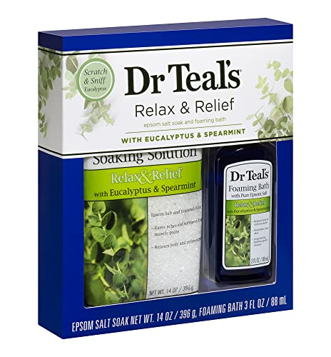 Dr Teal's Eucalyptus Epsom Salt & Foaming Bath Oil Sampler Gift Set - Give The Gift of Rejuvenation & Self Care! - 14 oz Bag of Eucalyptus Bath Salts & 3 oz Bottle of Eucalyptus Foaming Bath Oil