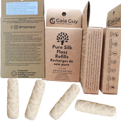 Gaia Guy Silk Dental Floss Refill | Unflavored Natural Silk | 4 spools x 33yds | Compostable, Sustainable & Biodegradable Silk Flossing Thread & Eco-Friendly Packaging