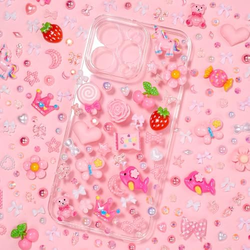 Junk Case Charms Kit, Pink White Pearls Resin Rhinestones Bedazzling Kit, Cute Candy Bear Cartoon Phone Cases Charms, Junk Case Kit with Big Charms with Glue for Crafts Nail Art DIY Accessories