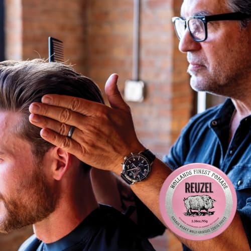 REUZEL Pink Grease Pomade, Strong All Day Hold, Oil-Based Styling Wax, Medium Shine and Flake Free, Easy To Wash Out, For All Hairstyles